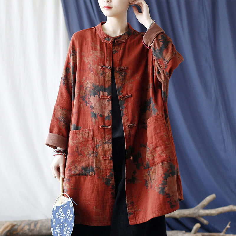 Chaqueta abierta con botones y bolsillos, con estampado de flores de peonía naranja y Buddha Stones. - image 40