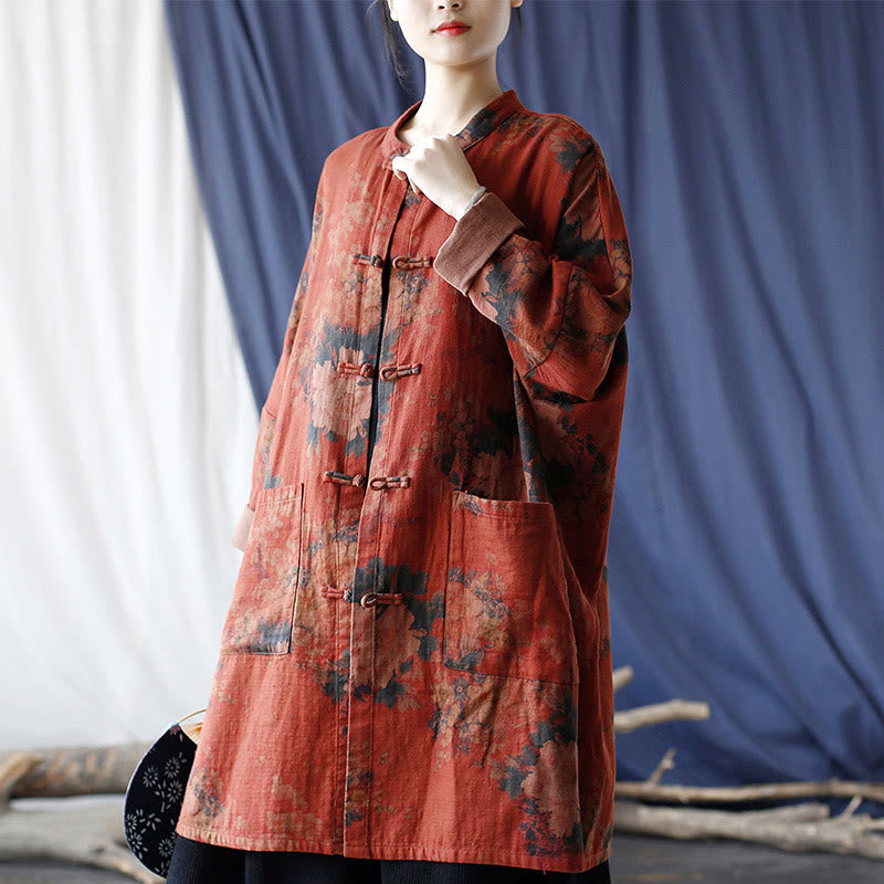 Chaqueta abierta con botones y bolsillos, con estampado de flores de peonía naranja y Buddha Stones. - image 13