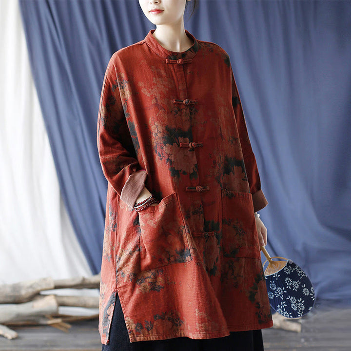 Chaqueta abierta con botones y bolsillos, con estampado de flores de peonía naranja y Buddha Stones. - image 37