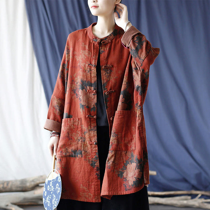 Chaqueta abierta con botones y bolsillos, con estampado de flores de peonía naranja y Buddha Stones. - image 1