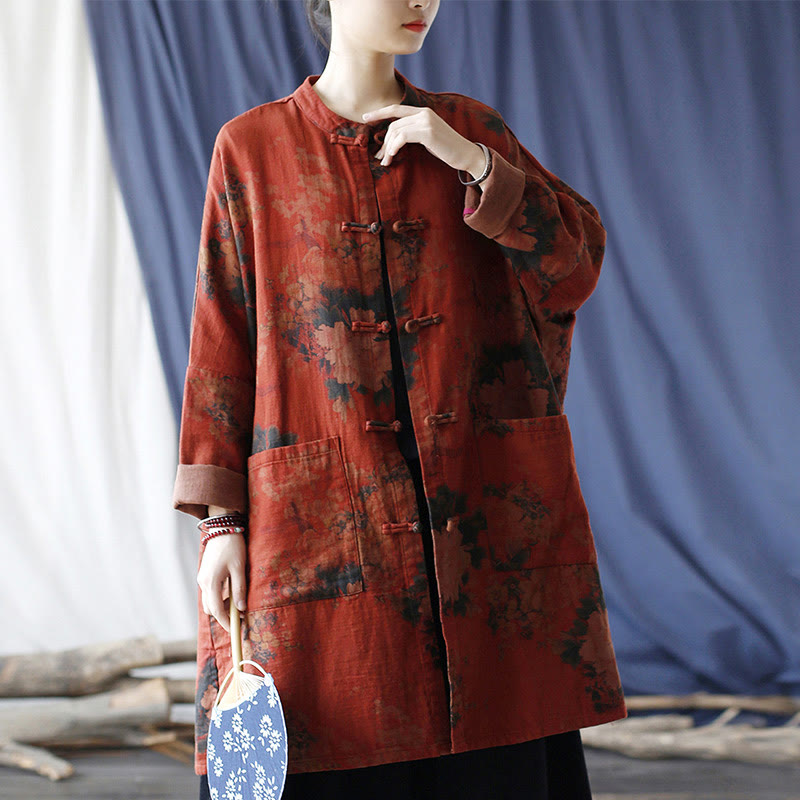 Chaqueta abierta con botones y bolsillos, con estampado de flores de peonía naranja y Buddha Stones. - image 2