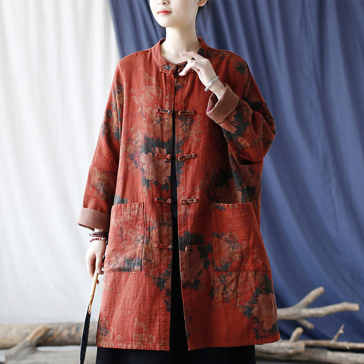 Chaqueta abierta con botones y bolsillos, con estampado de flores de peonía naranja y Buddha Stones. - image 34