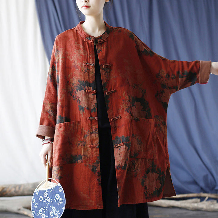 Chaqueta abierta con botones y bolsillos, con estampado de flores de peonía naranja y Buddha Stones. - image 42