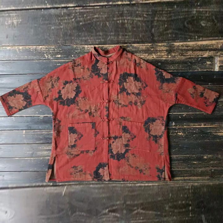 Chaqueta abierta con botones y bolsillos, con estampado de flores de peonía naranja y Buddha Stones. - image 27