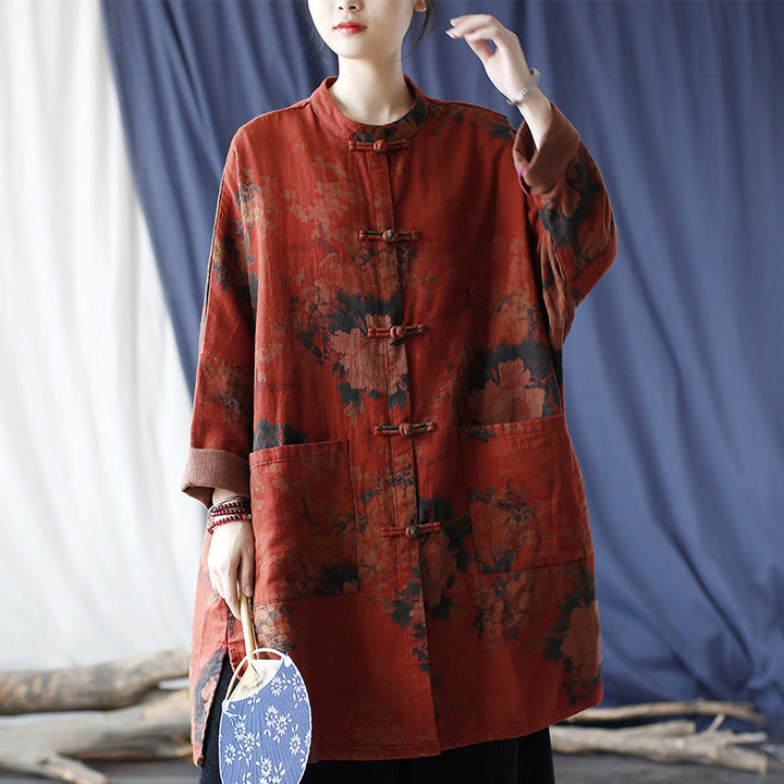 Chaqueta abierta con botones y bolsillos, con estampado de flores de peonía naranja y Buddha Stones. - image 46