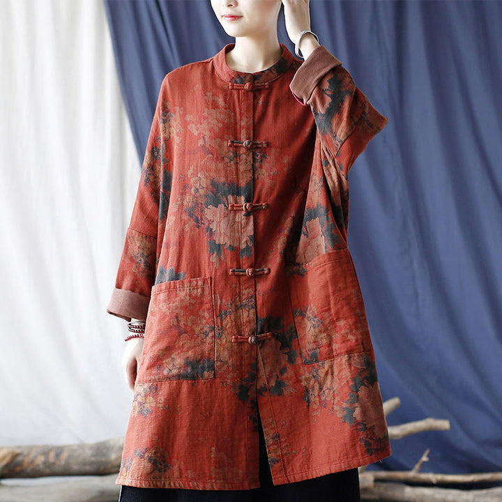 Chaqueta abierta con botones y bolsillos, con estampado de flores de peonía naranja y Buddha Stones. - image 30
