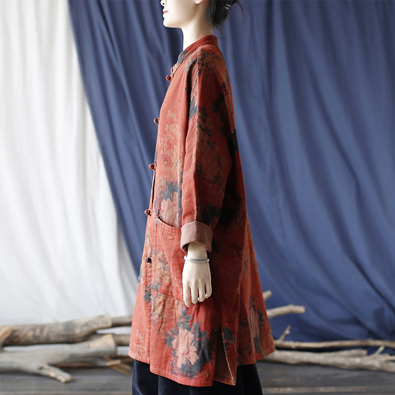Chaqueta abierta con botones y bolsillos, con estampado de flores de peonía naranja y Buddha Stones. - image 8