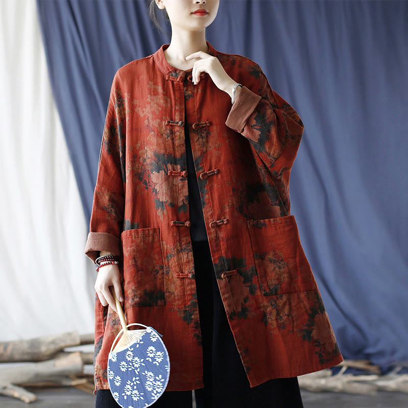 Chaqueta abierta con botones y bolsillos, con estampado de flores de peonía naranja y Buddha Stones. - image 49