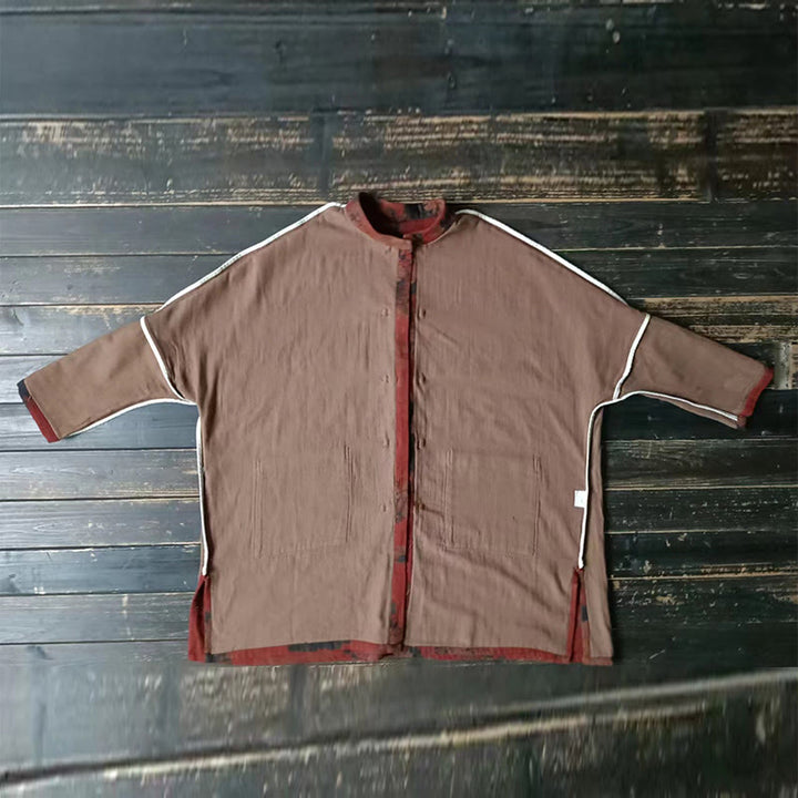 Chaqueta de lino y algodón con botones de rana y bolsillos abiertos en la parte delantera, con Buddha Stones