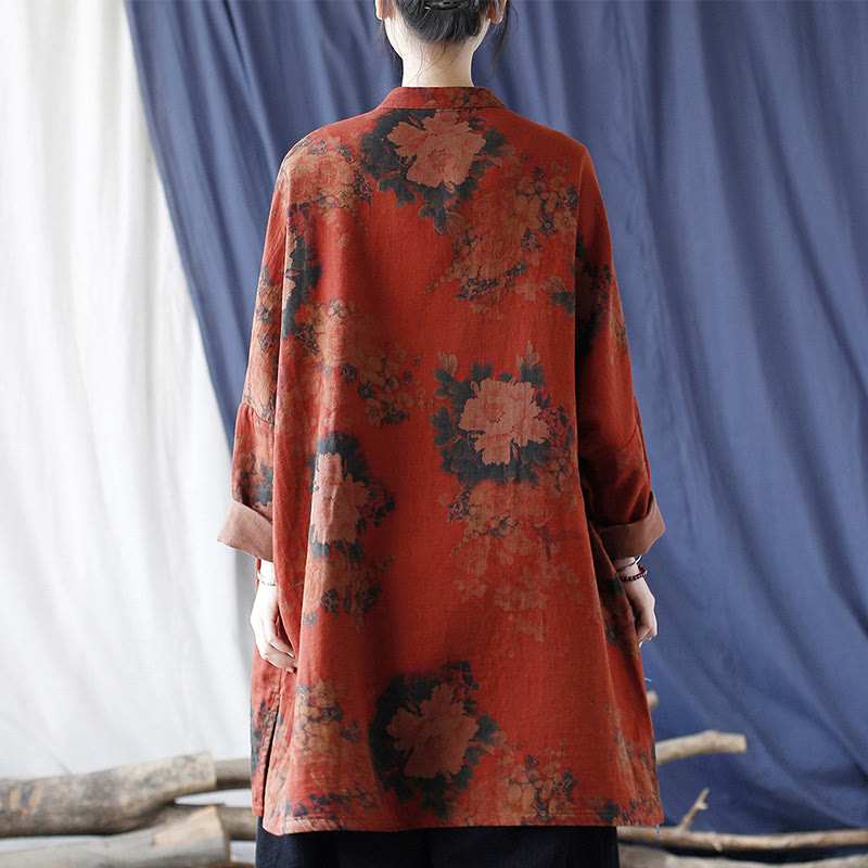 Chaqueta abierta con botones y bolsillos, con estampado de flores de peonía naranja y Buddha Stones. - image 7