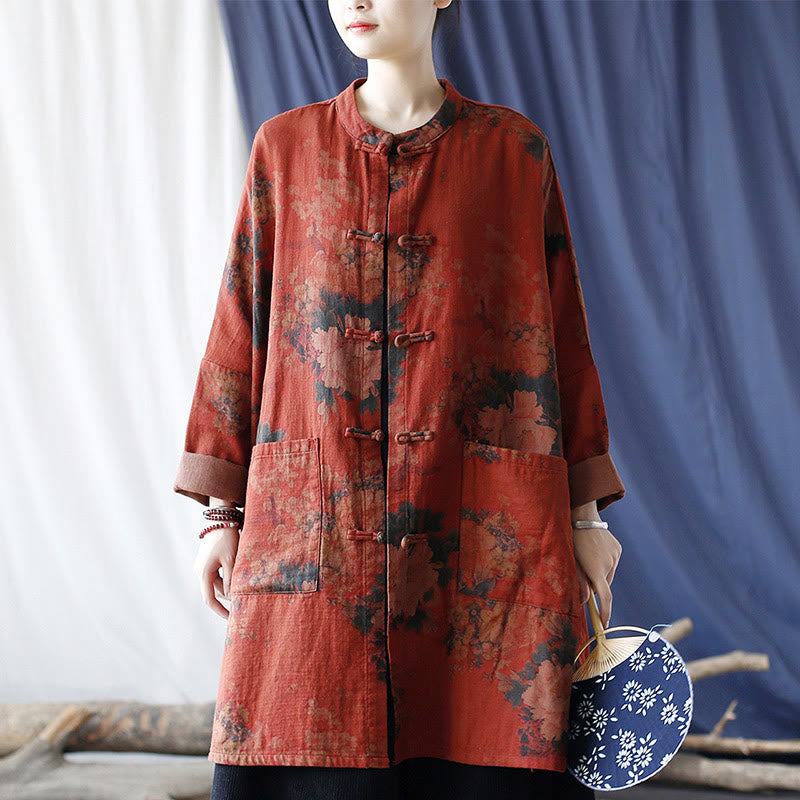 Chaqueta de lino y algodón con botones de rana y bolsillos abiertos en la parte delantera, con Buddha Stones