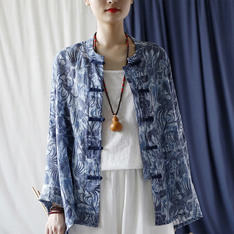 Camisa de lino con ramio y manga larga con diseño retro de flores blancas y azules y botones de rana de Buddha Stones - image 16