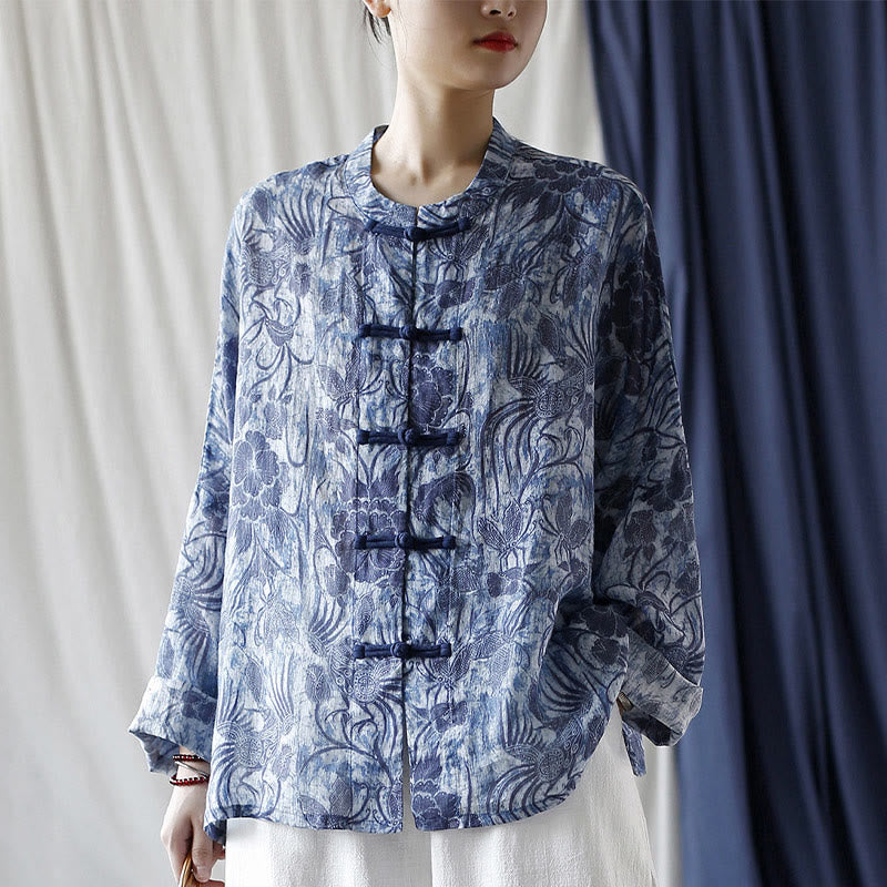 Camisa de lino con ramio y manga larga con diseño retro de flores blancas y azules y botones de rana de Buddha Stones - US4, UK/AU8, EU36-48 (F) (solo chaqueta) - image 0