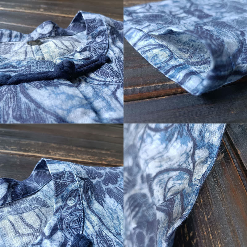 Camisa de lino con ramio y manga larga con diseño retro de flores blancas y azules y botones de rana de Buddha Stones - image 7