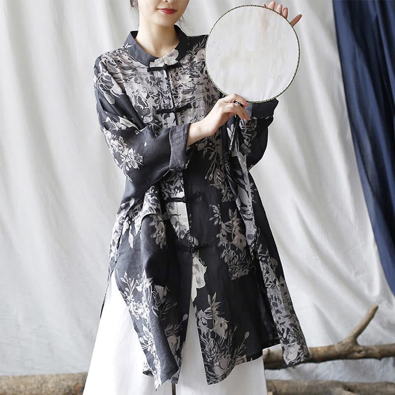 Chaqueta y camisa de lino con ramio de manga larga y botones de rana con flores blancas y azules y Buddha Stones y bolsillos - image 8