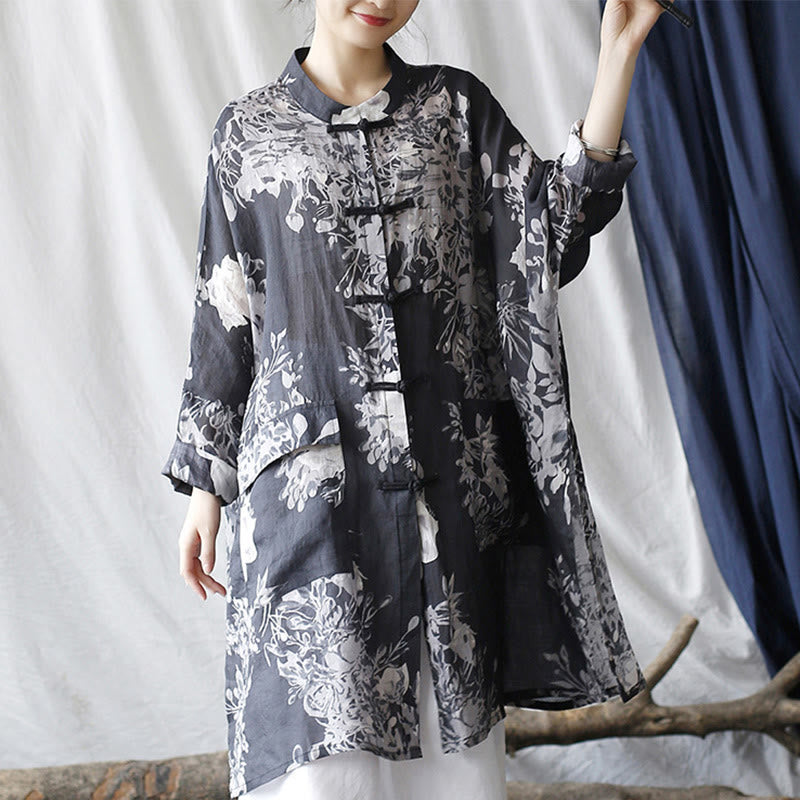 Chaqueta y camisa de lino con ramio de manga larga y botones de rana con flores blancas y azules y Buddha Stones y bolsillos - image 1