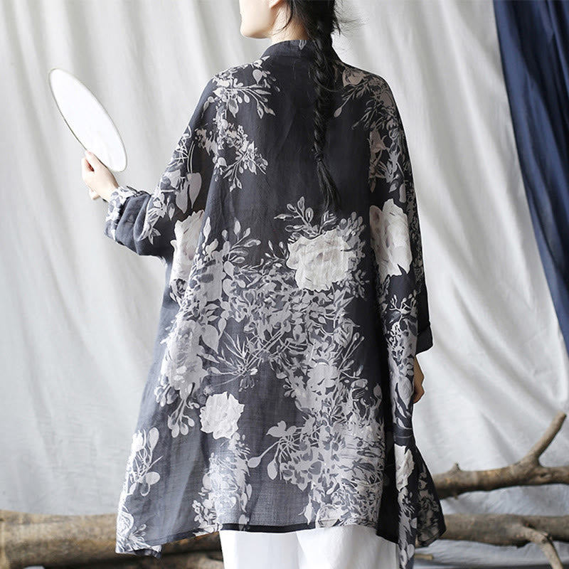 Chaqueta y camisa de lino con ramio de manga larga y botones de rana con flores blancas y azules y Buddha Stones y bolsillos - image 3