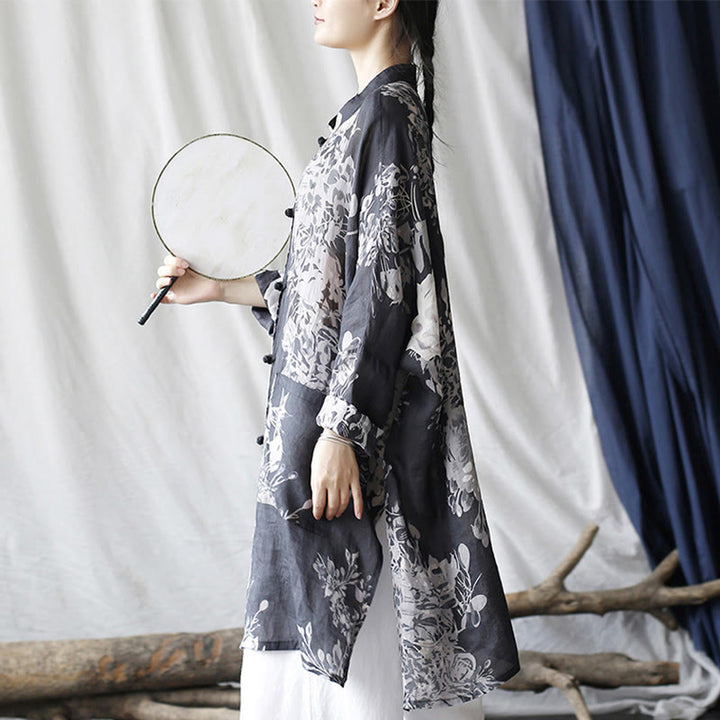 Chaqueta y camisa de lino con ramio de manga larga y botones de rana con flores blancas y azules y Buddha Stones y bolsillos - image 6