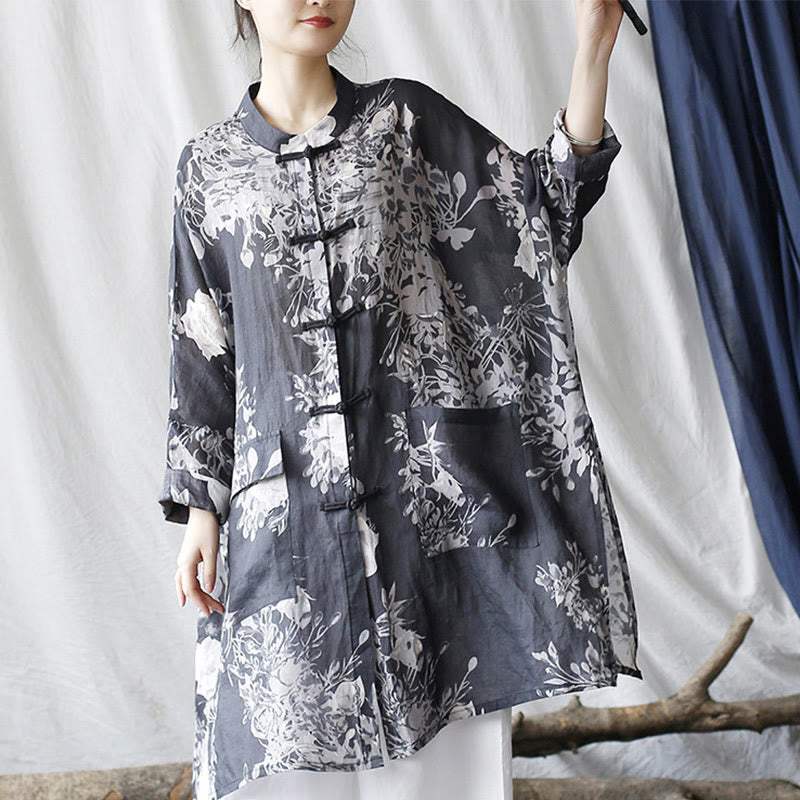 Chaqueta y camisa de lino con ramio de manga larga y botones de rana con flores blancas y azules y Buddha Stones y bolsillos - image 9