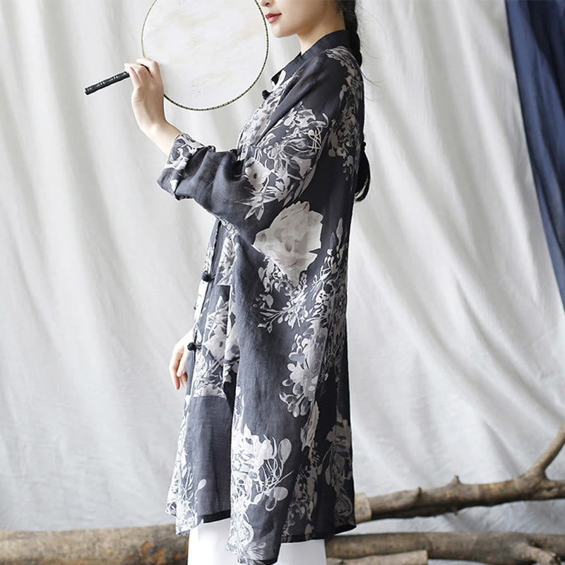 Chaqueta y camisa de lino con ramio de manga larga y botones de rana con flores blancas y azules y Buddha Stones y bolsillos - image 2