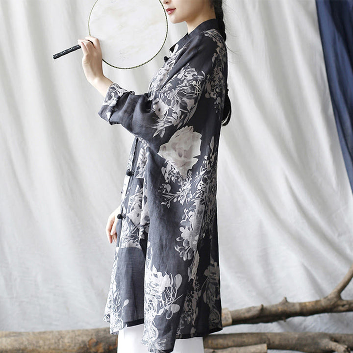 Chaqueta y camisa de lino con ramio de manga larga y botones de rana con flores blancas y azules y Buddha Stones y bolsillos - image 2