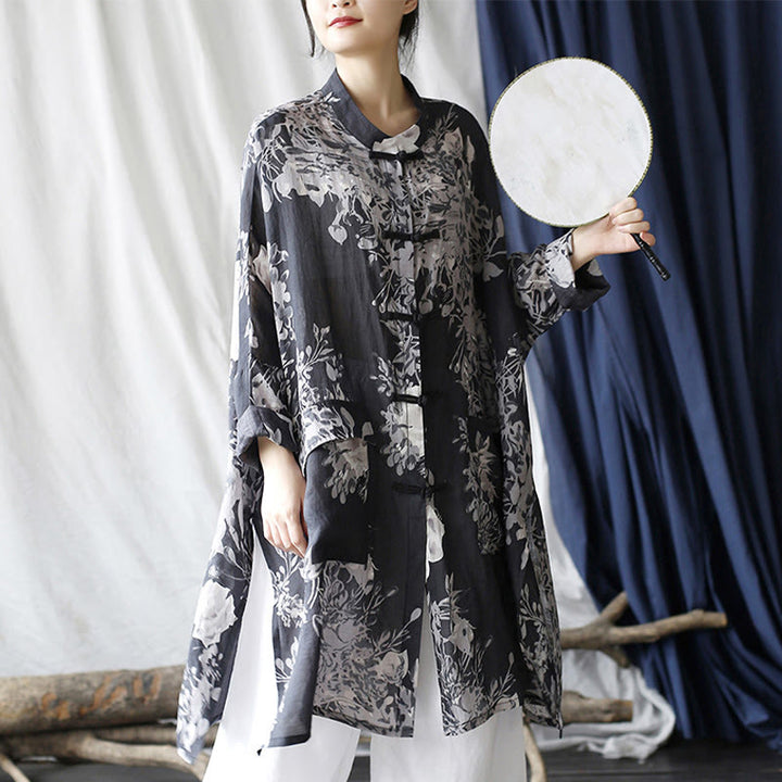 Chaqueta y camisa de lino con ramio de manga larga y botones de rana con flores blancas y azules y Buddha Stones y bolsillos - image 10