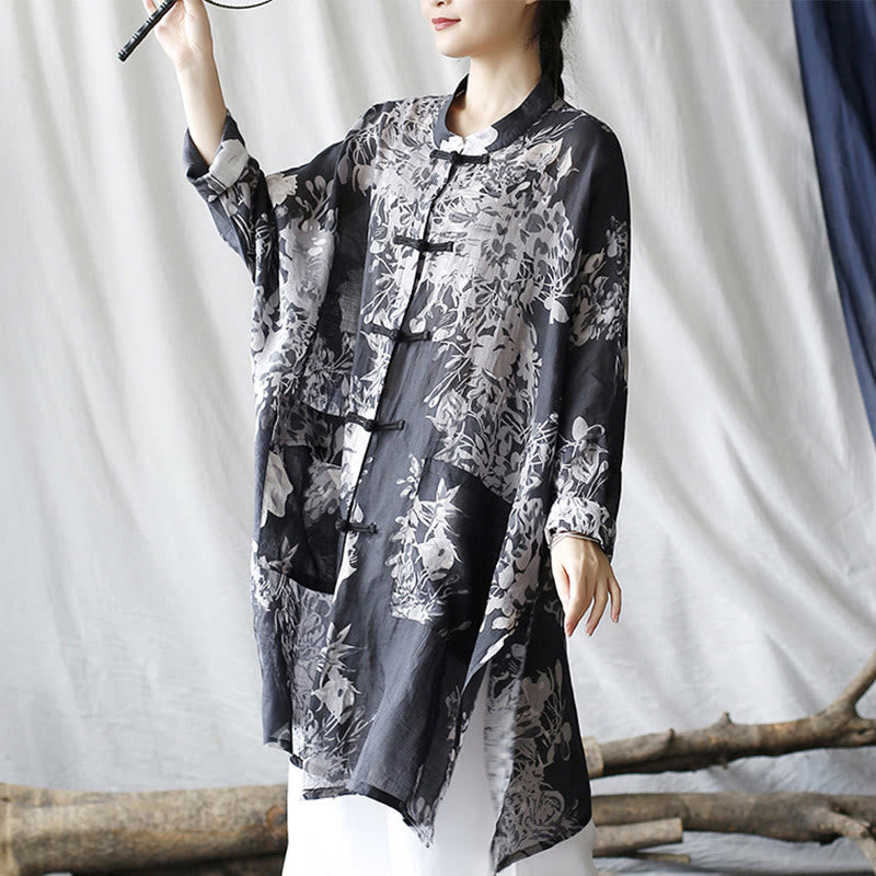 Chaqueta y camisa de lino con ramio de manga larga y botones de rana con flores blancas y azules y Buddha Stones y bolsillos - image 4