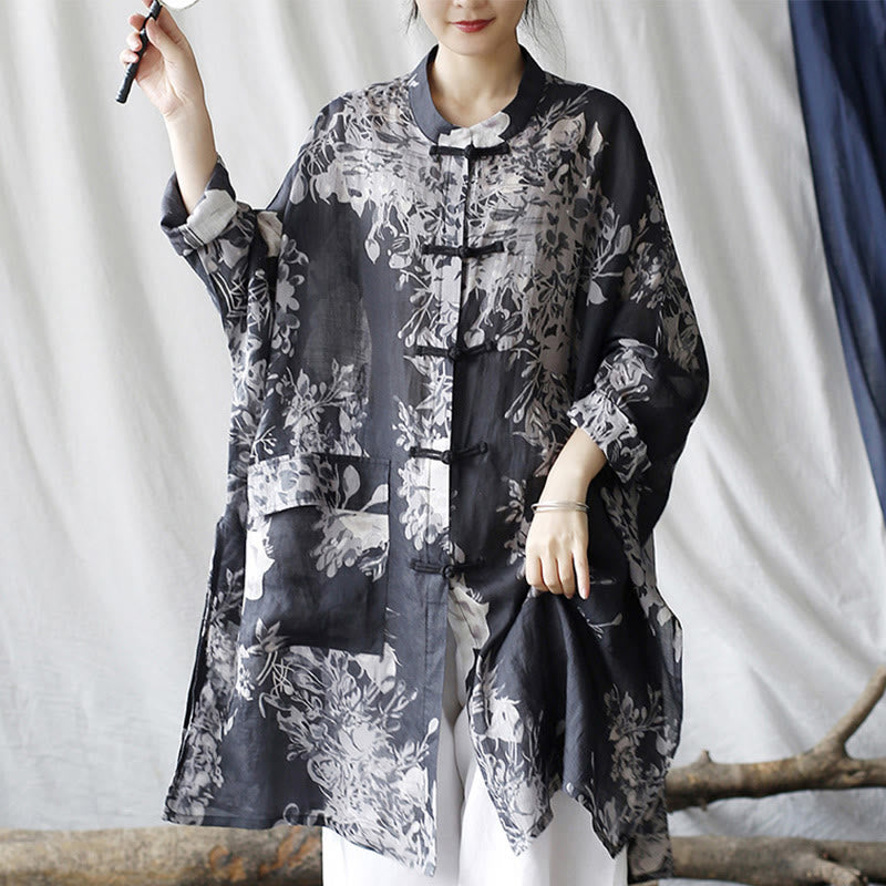 Chaqueta y camisa de lino con ramio de manga larga y botones de rana con flores blancas y azules y Buddha Stones y bolsillos - US4, UK/AU8, EU36-48 (F) (solo chaqueta) - image 0