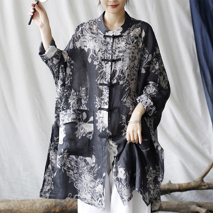 Chaqueta y camisa de lino con ramio de manga larga y botones de rana con flores blancas y azules y Buddha Stones y bolsillos - US4, UK/AU8, EU36-48 (F) (solo chaqueta) - image 0