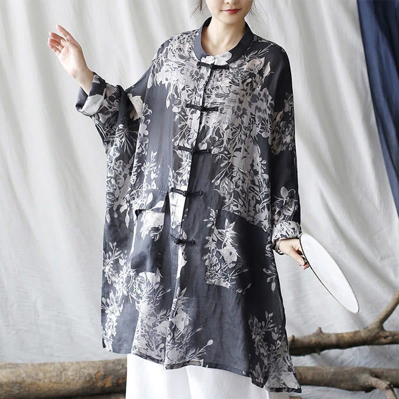 Chaqueta y camisa de lino con ramio de manga larga y botones de rana con flores blancas y azules y Buddha Stones y bolsillos - image 7