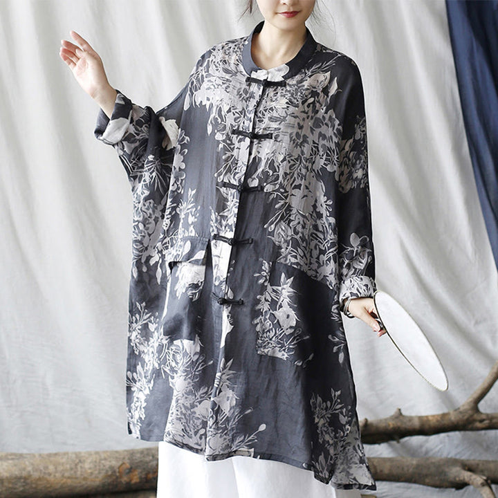 Chaqueta y camisa de lino con ramio de manga larga y botones de rana con flores blancas y azules y Buddha Stones y bolsillos - image 7