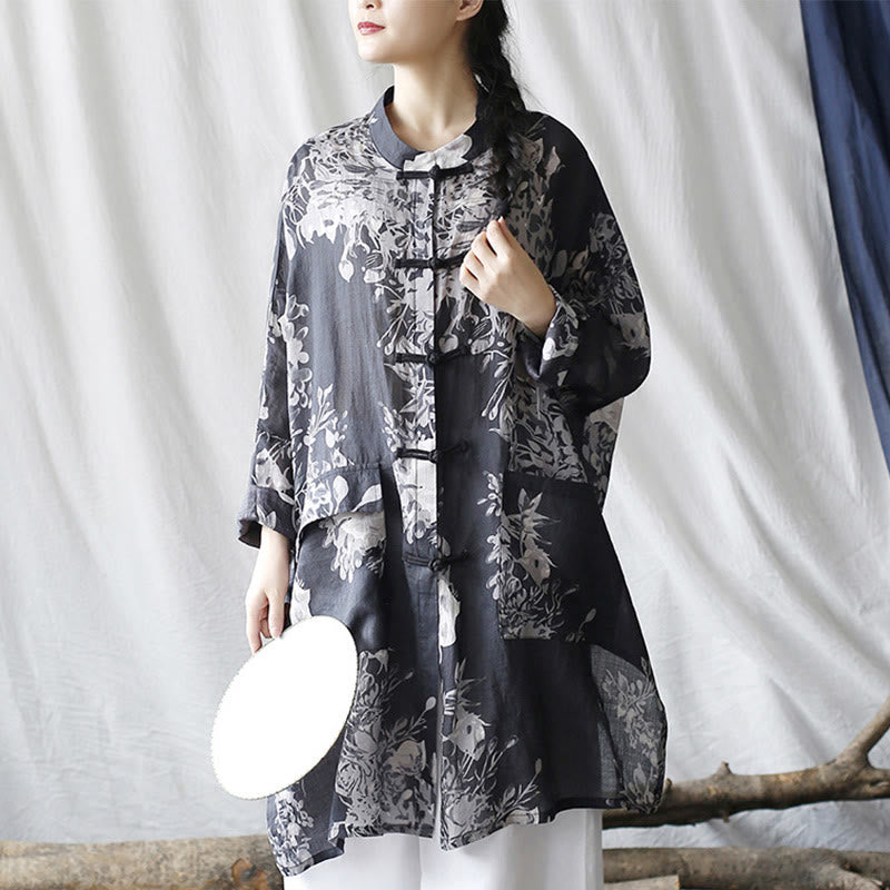 Chaqueta y camisa de lino con ramio de manga larga y botones de rana con flores blancas y azules y Buddha Stones y bolsillos - image 11
