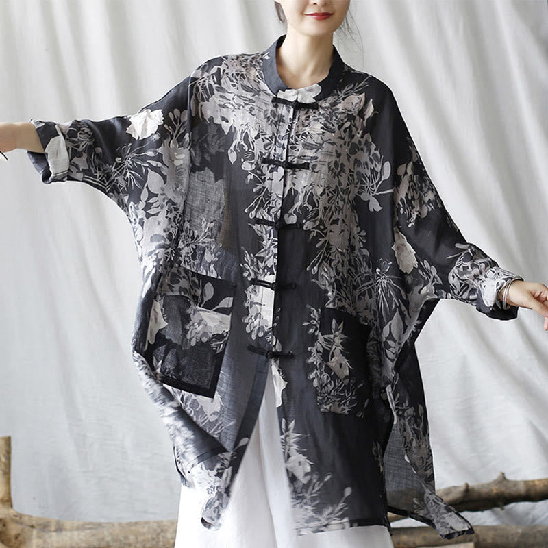 Chaqueta y camisa de lino con ramio de manga larga y botones de rana con flores blancas y azules y Buddha Stones y bolsillos - image 5
