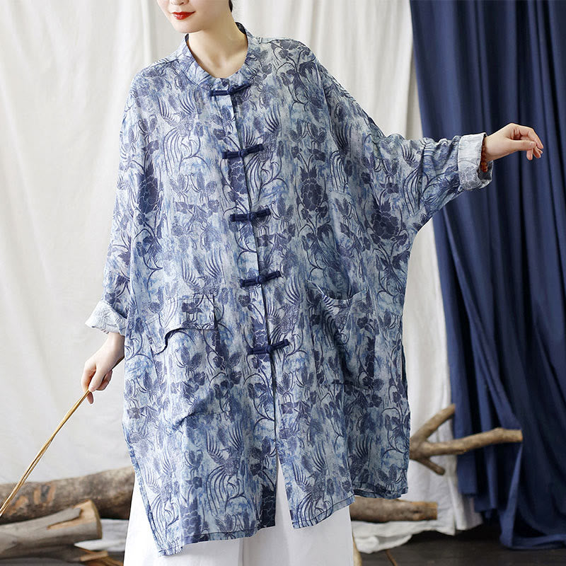 Chaqueta y camisa de lino con ramio de manga larga y bolsillos con diseño de rana, flores azules y mariposas y piedras de Buddha Stones