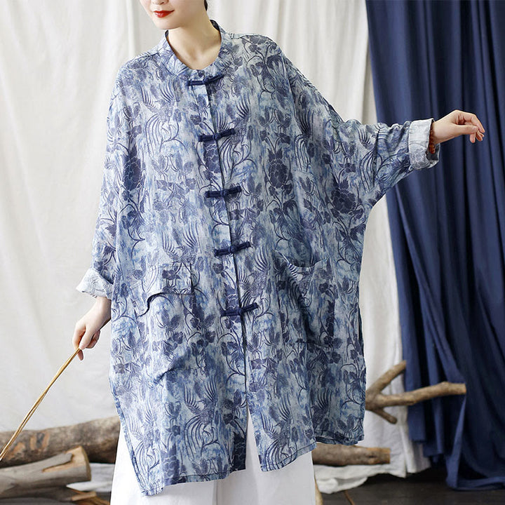 Chaqueta y camisa de lino con ramio de manga larga y bolsillos con diseño de rana, flores azules y mariposas y piedras de Buddha Stones