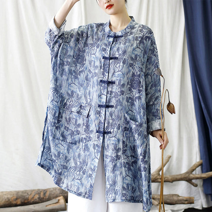 Chaqueta y camisa de lino con ramio de manga larga y bolsillos con diseño de rana, flores azules y mariposas y piedras de Buddha Stones