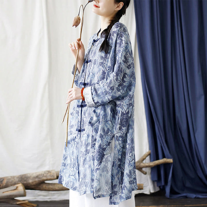 Chaqueta y camisa de lino con ramio de manga larga y bolsillos con diseño de rana, flores azules y mariposas y piedras de Buddha Stones