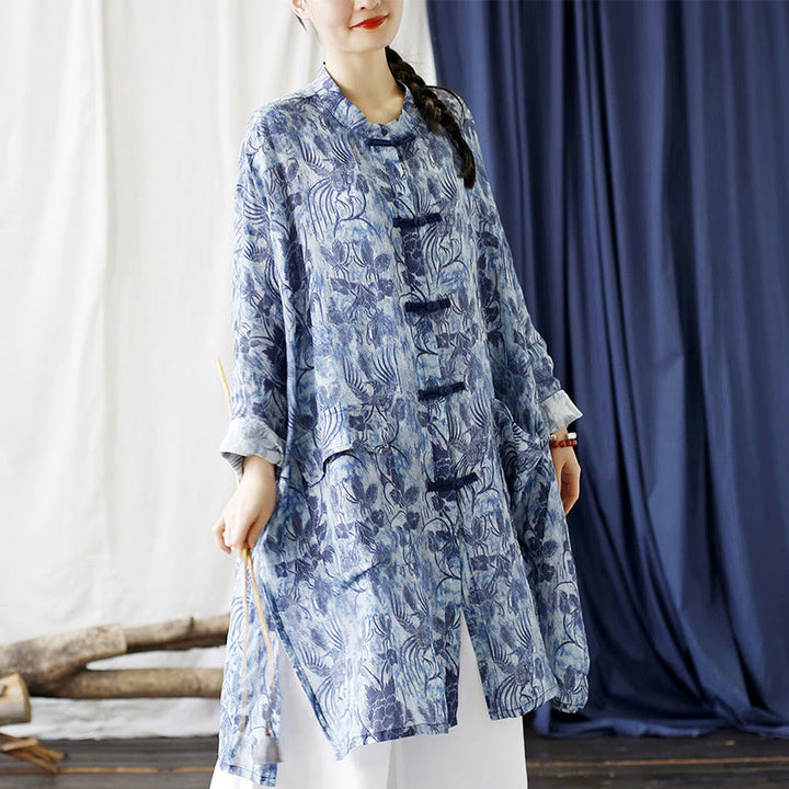 Chaqueta y camisa de lino con ramio de manga larga y bolsillos con diseño de rana, flores azules y mariposas y piedras de Buddha Stones