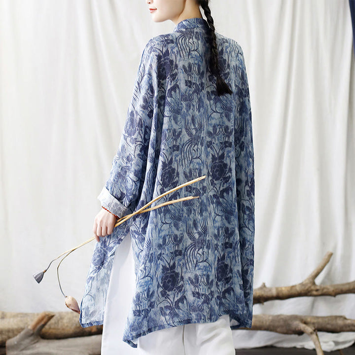 Chaqueta y camisa de lino con ramio de manga larga y bolsillos con diseño de rana, flores azules y mariposas y piedras de Buddha Stones
