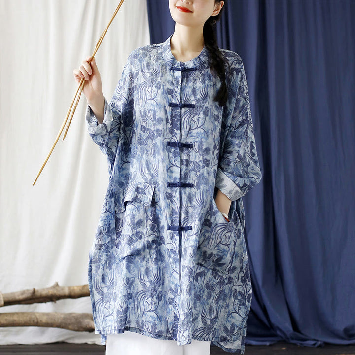 Chaqueta y camisa de lino con ramio de manga larga y bolsillos con diseño de rana, flores azules y mariposas y piedras de Buddha Stones