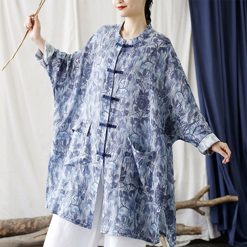 Chaqueta y camisa de lino con ramio de manga larga y bolsillos con diseño de rana, flores azules y mariposas y piedras de Buddha Stones
