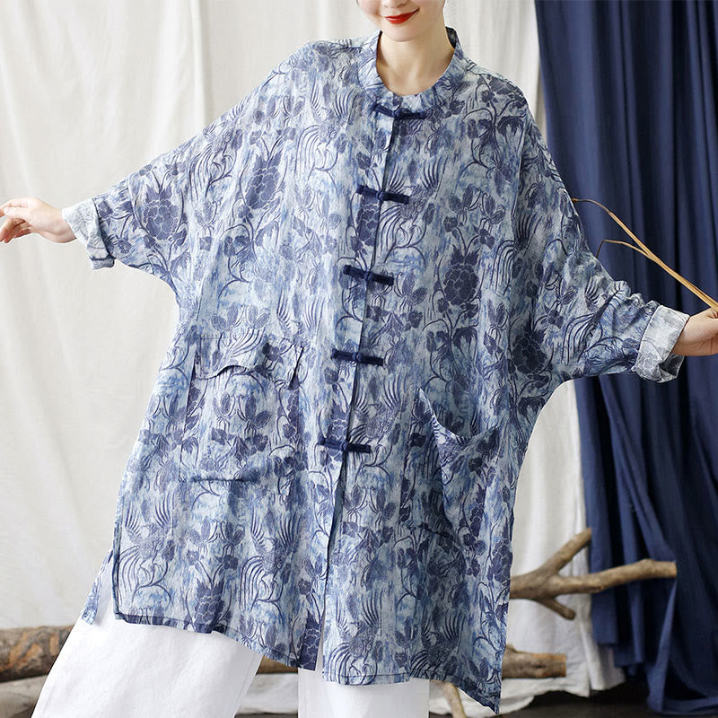 Chaqueta y camisa de lino con ramio de manga larga y bolsillos con diseño de rana, flores azules y mariposas y piedras de Buddha Stones