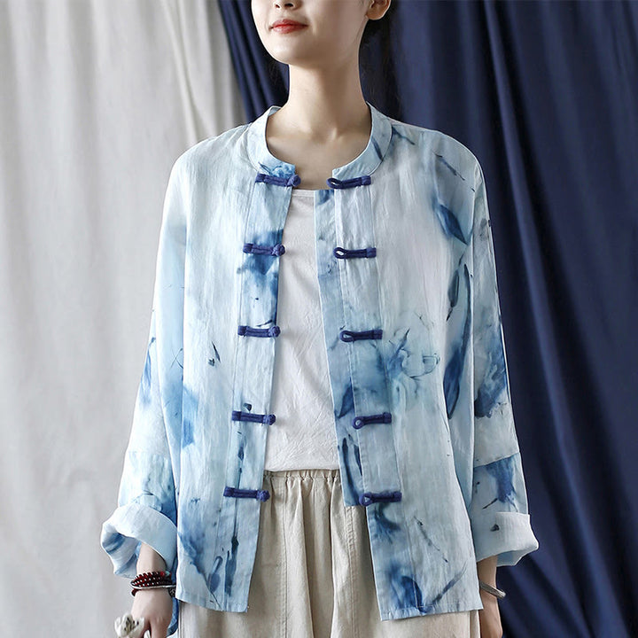 Camisa de lino con ramio y manga larga con diseño de flores azules teñidas con efecto tie-dye y Buddha Stones