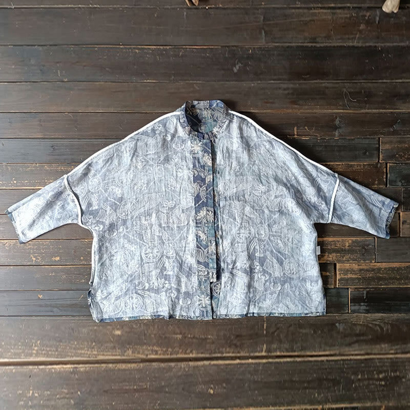 Camisa de lino con manga larga y botones de rana, con diseño geométrico de Buddha Stones , pájaros y flores - image 15
