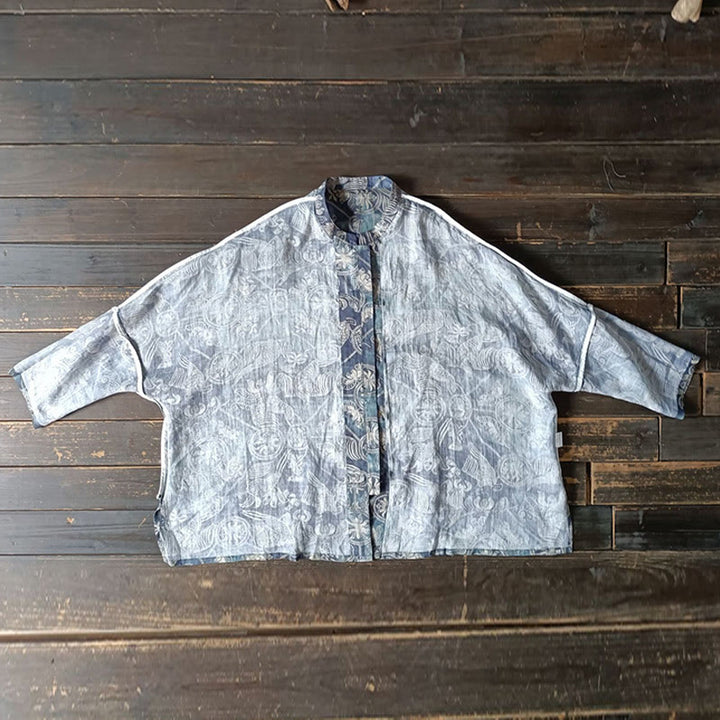 Camisa de lino con manga larga y botones de rana, con diseño geométrico de Buddha Stones , pájaros y flores - image 15