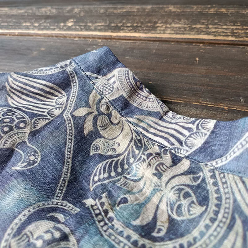 Camisa de lino con manga larga y botones de rana, con diseño geométrico de Buddha Stones , pájaros y flores - image 10