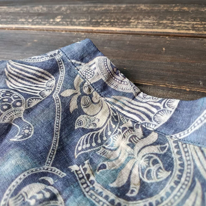 Camisa de lino con manga larga y botones de rana, con diseño geométrico de Buddha Stones , pájaros y flores - image 10