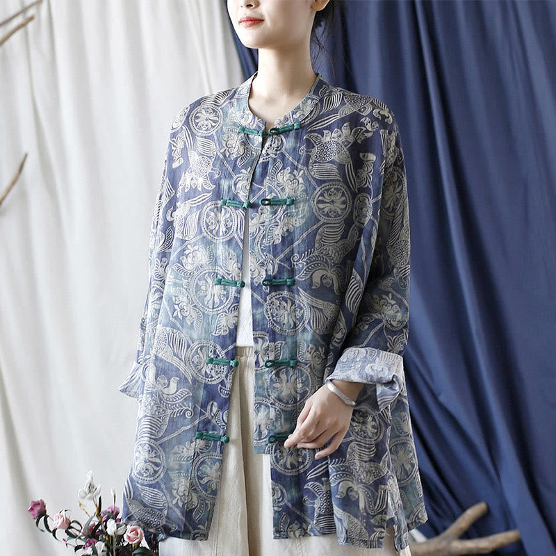 Camisa de lino con manga larga y botones de rana, con diseño geométrico de Buddha Stones , pájaros y flores - Talla F (Busto 174 cm/Hombro 99 cm/Largo 76 cm) (Solo chaqueta) - image 0
