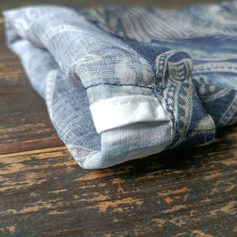 Camisa de lino con manga larga y botones de rana, con diseño geométrico de Buddha Stones , pájaros y flores - image 13