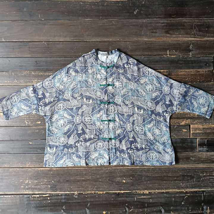 Camisa de lino con manga larga y botones de rana, con diseño geométrico de Buddha Stones , pájaros y flores - image 14